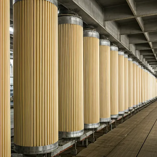 Row of industrial PPS filter bags used in a high-temperature dust collection and flue gas filtration system