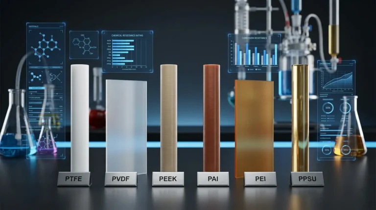 Precision-machined PTFE, PVDF, PEEK, PAI, PEI, and PPSU plastic rods and sheets in a laboratory setting with futuristic blue technical interface overlays for semiconductor and chemical processing industries.