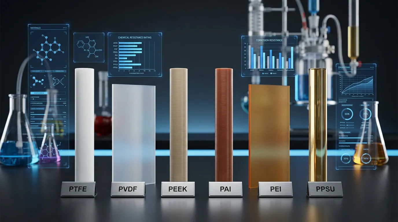 Precision-machined PTFE, PVDF, PEEK, PAI, PEI, and PPSU plastic rods and sheets in a laboratory setting with futuristic blue technical interface overlays for semiconductor and chemical processing industries.