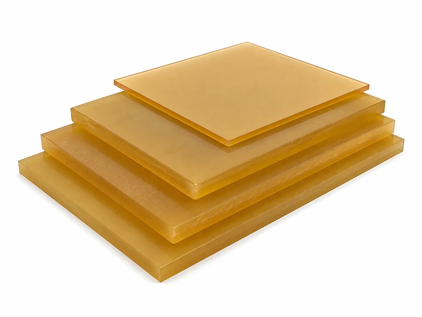 Natural amber PPSU polyphenylsulfone sheet and plate stock on a white background