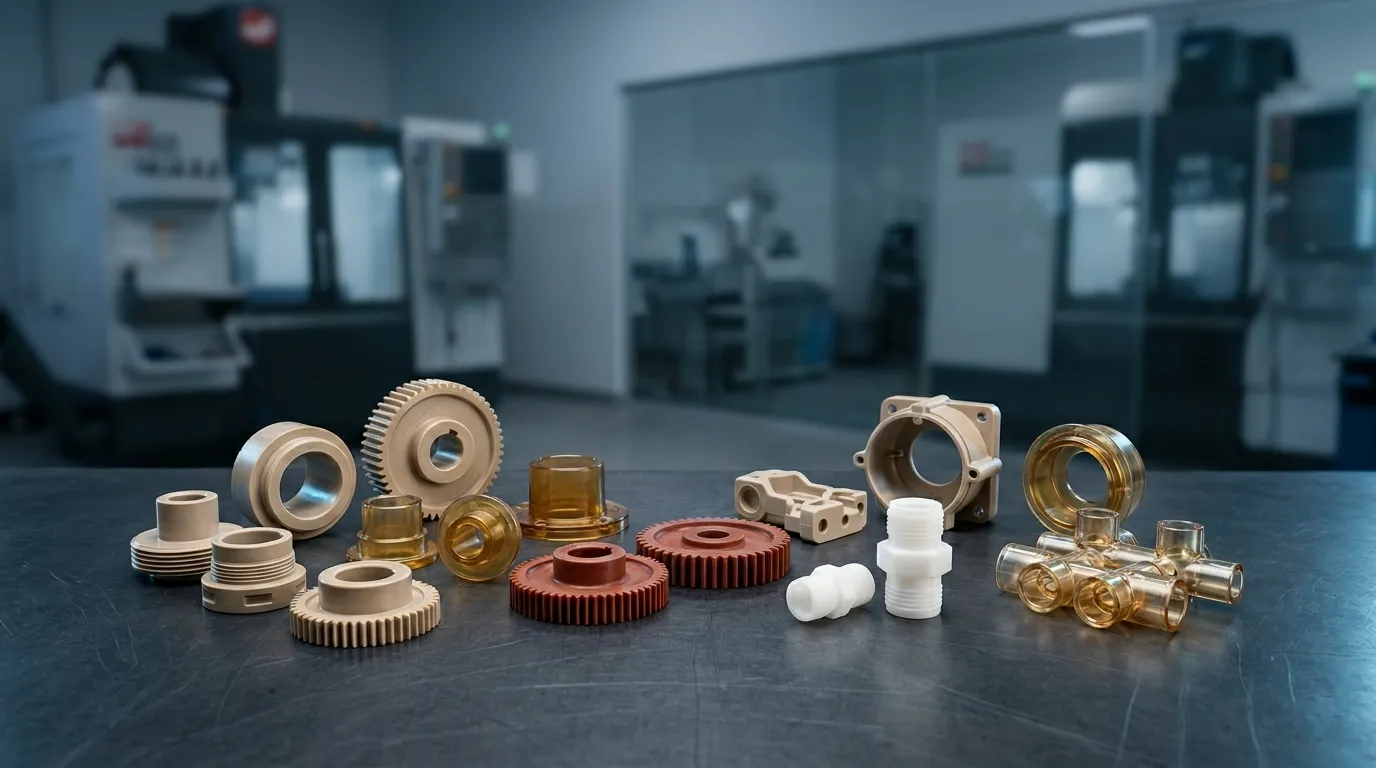 Precision-machined engineering plastic components including PEEK, PAI, PEI, PPSU, and PVDF parts with a transparent holographic material selection roadmap for aerospace, semiconductor, and medical applications.