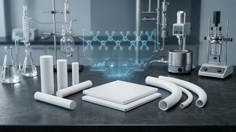 Premium white PTFE rods, sheets, and tubes arranged on an industrial surface with a holographic fluoropolymer molecular structure overlay highlighting chemical resistance.