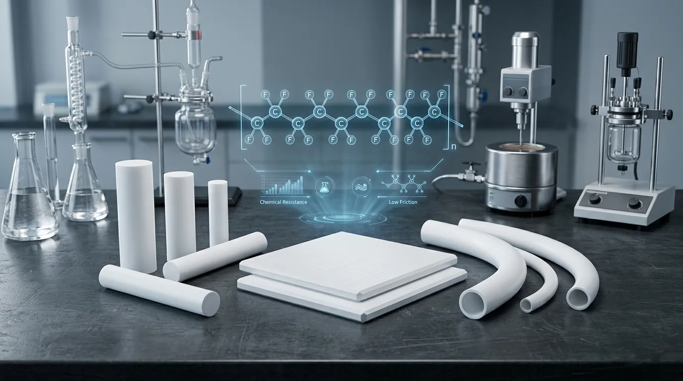 Premium white PTFE rods, sheets, and tubes arranged on an industrial surface with a holographic fluoropolymer molecular structure overlay highlighting chemical resistance.