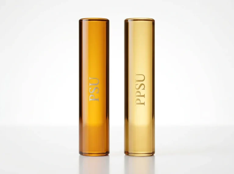 Side-by-side comparison of amber transparent PSU and PPSU engineering plastic rods with glossy polished surface