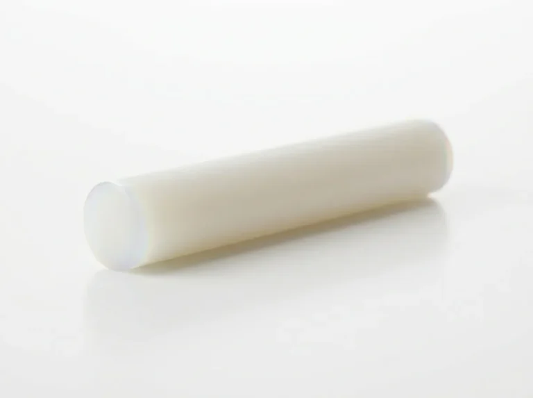 Opaque off-white PVDF semi-crystalline plastic rod with a matte finish lying horizontally on a clean white background
