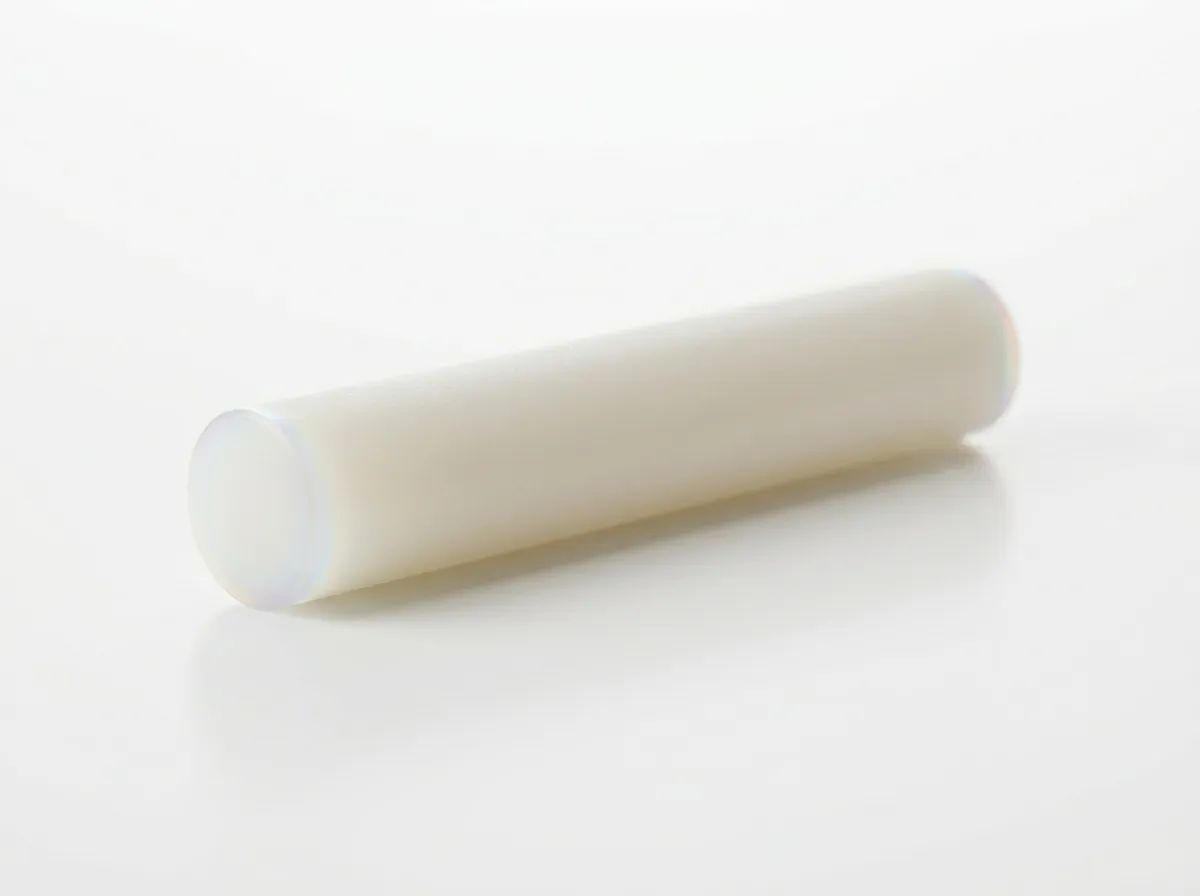 Opaque off-white PVDF semi-crystalline plastic rod with a matte finish lying horizontally on a clean white background
