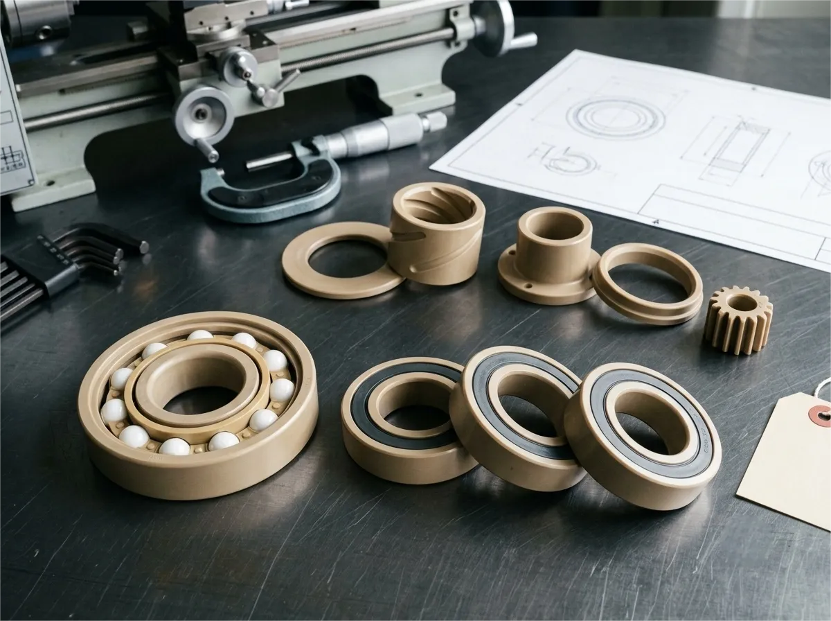 Machined PEEK bearings, bushings, wear rings and gears on an inspection bench