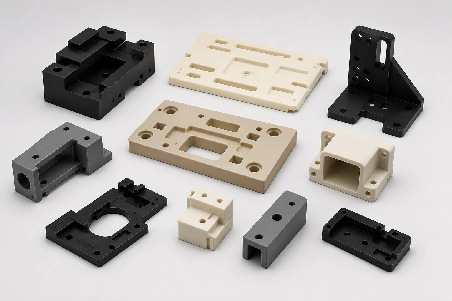 Representative CNC-milled engineering plastic brackets, plates and support blocks