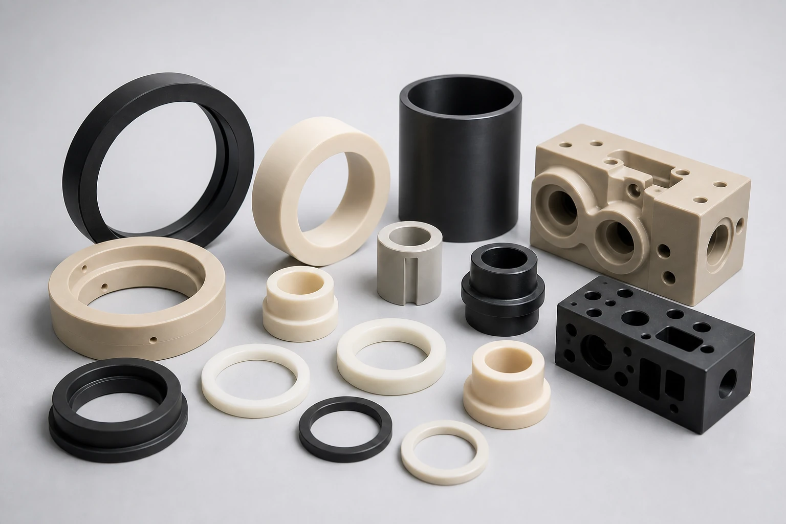 Representative CNC-machined engineering plastic fluid-handling and wear components