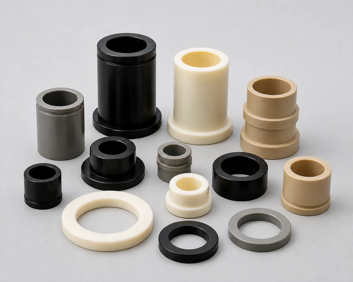 Representative CNC-turned engineering plastic bushings, sleeves and rings