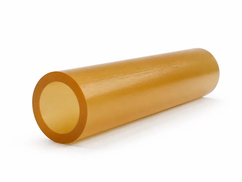 Natural amber unfilled PEI polyetherimide tube stock on a white background