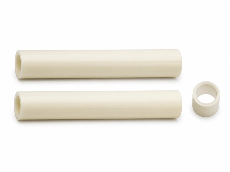 Natural white PETP tubes arranged side by side with a separate cut ring showing the inner bore