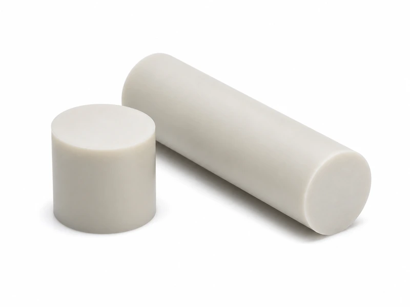 Natural white PVDF rod stock with a short cut section and a long cylindrical rod