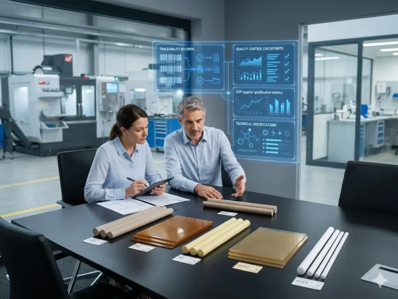 Procurement manager and engineer auditing high-performance engineering plastics certifications for PEEK, PAI, PEI, PPSU, and PTFE with holographic quality control data overlay