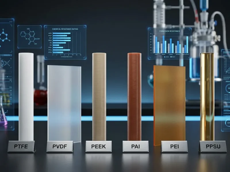 Precision-machined PTFE, PVDF, PEEK, PAI, PEI, and PPSU plastic rods and sheets in a laboratory setting with futuristic blue technical interface overlays for semiconductor and chemical processing industries.