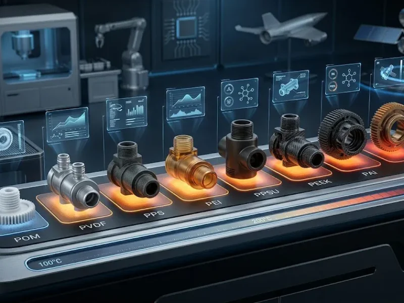 Engineering plastics temperature comparison chart showing maximum continuous service temperatures for PI, PAI, PEEK, PEI, and PTFE with a glowing thermal interface scale.