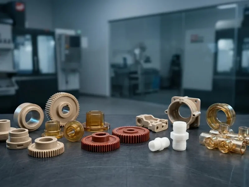 Precision-machined engineering plastic components including PEEK, PAI, PEI, PPSU, and PVDF parts with a transparent holographic material selection roadmap for aerospace, semiconductor, and medical applications.
