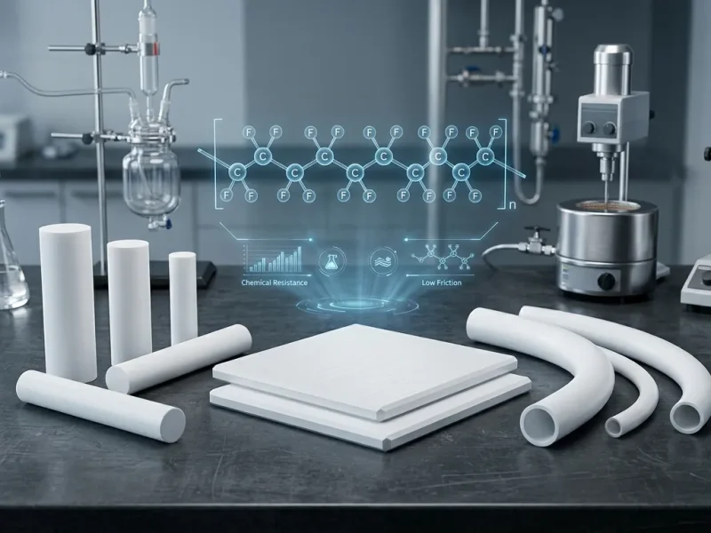 Premium white PTFE rods, sheets, and tubes arranged on an industrial surface with a holographic fluoropolymer molecular structure overlay highlighting chemical resistance.