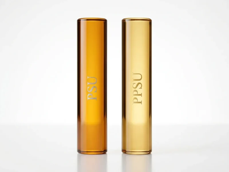 Side-by-side comparison of amber transparent PSU and PPSU engineering plastic rods with glossy polished surface